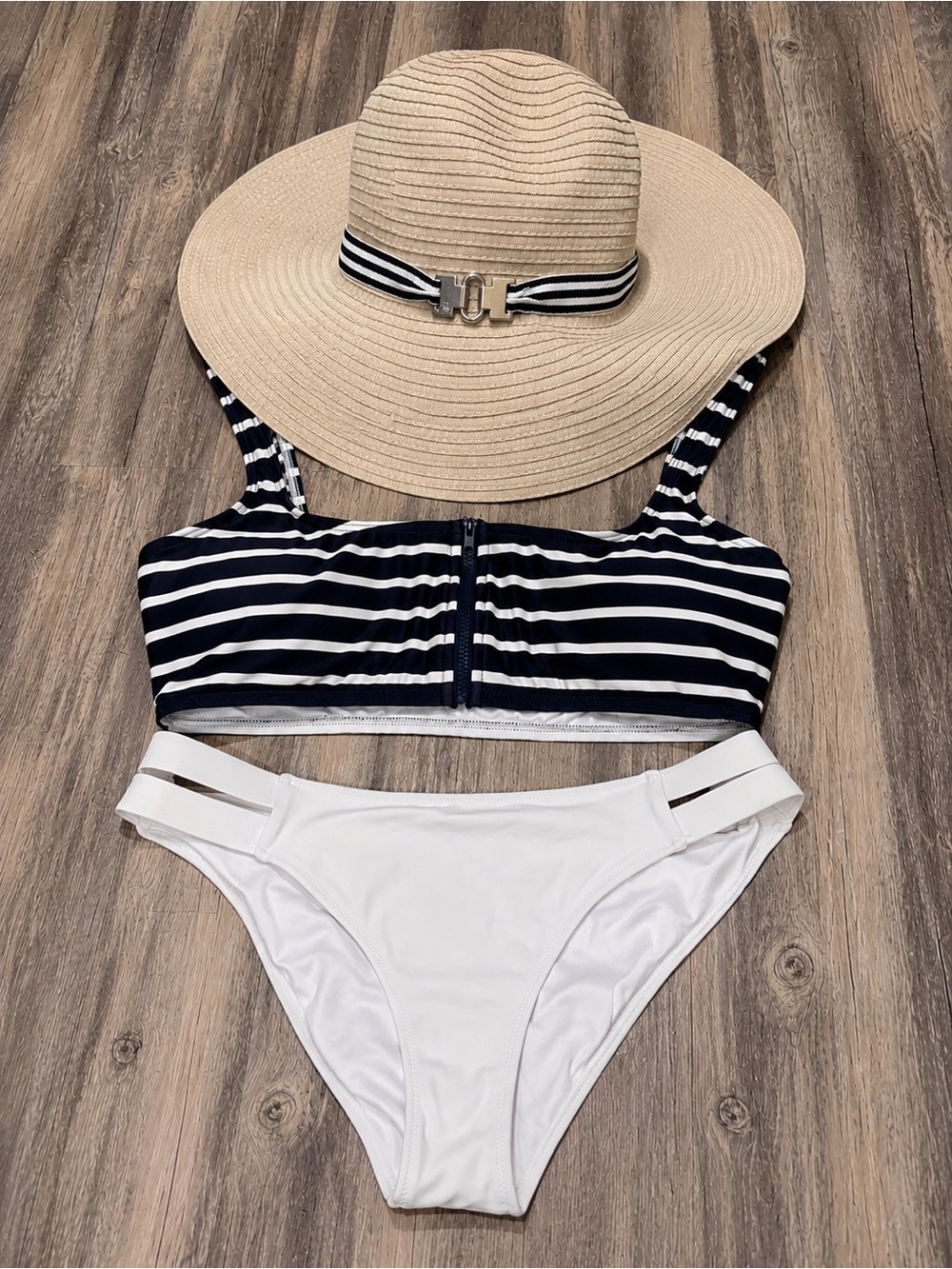 Lauren Ralph Lauren Wide Brim Sun Hat + Shade & Shore Striped Bikini Set Bundle